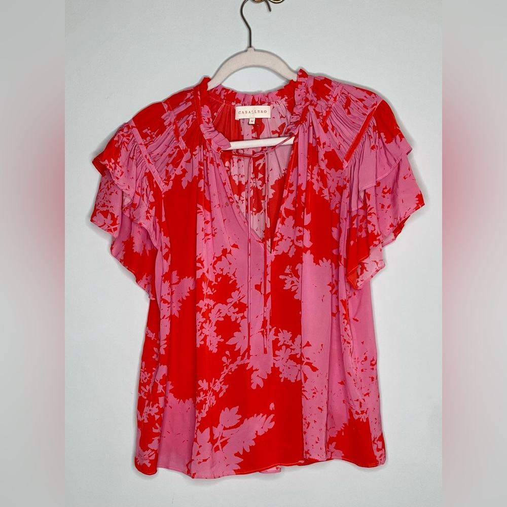Pink Silky Ruffled Spring Feminine Sleeve Blouse from Caballero Collection-M(6)